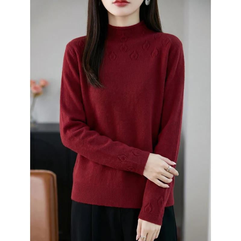 Damen Leichter Stehkragenpullover mit floralem Ajour‑Yoke und feiner Rippkante Nord Taschen