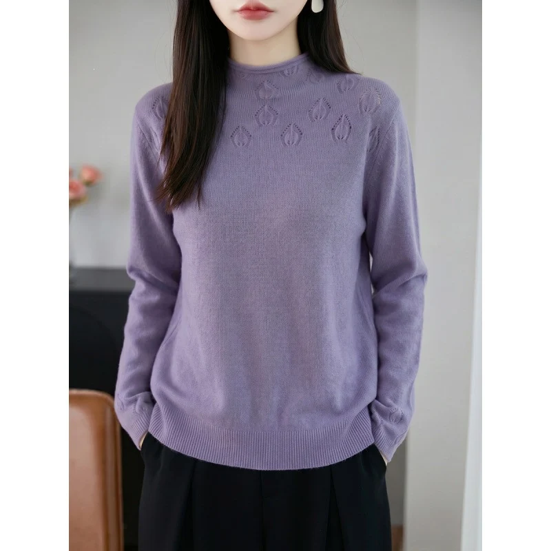 Damen Leichter Stehkragenpullover mit floralem Ajour‑Yoke und feiner Rippkante Nord Taschen