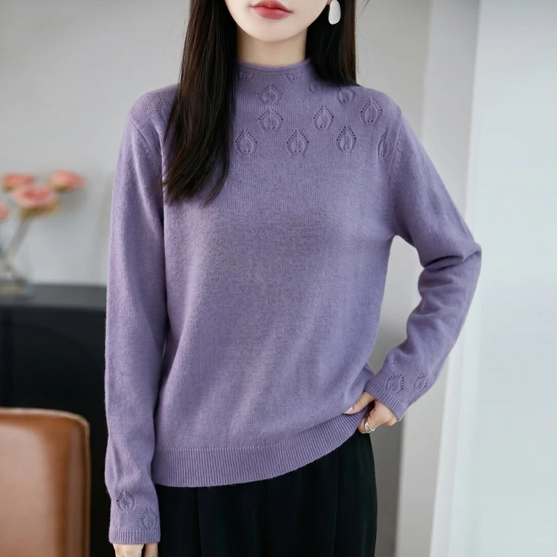 Damen Leichter Stehkragenpullover mit floralem Ajour‑Yoke und feiner Rippkante Nord Taschen