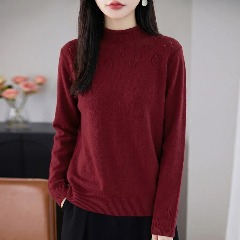 Damen Leichter Stehkragenpullover mit floralem Ajour‑Yoke und feiner Rippkante Nord Taschen
