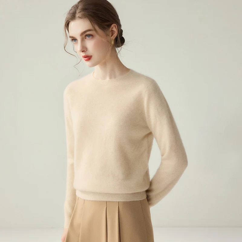 Damen Leichter Rundhalspullover aus Kaschmir‑Look mit extrafeinem Flor und geripptem Saum Nord Taschen