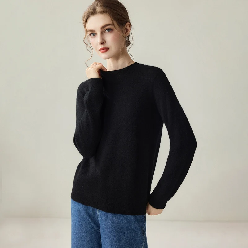 Damen Leichter Rundhalspullover aus Kaschmir‑Look mit extrafeinem Flor und geripptem Saum Nord Taschen