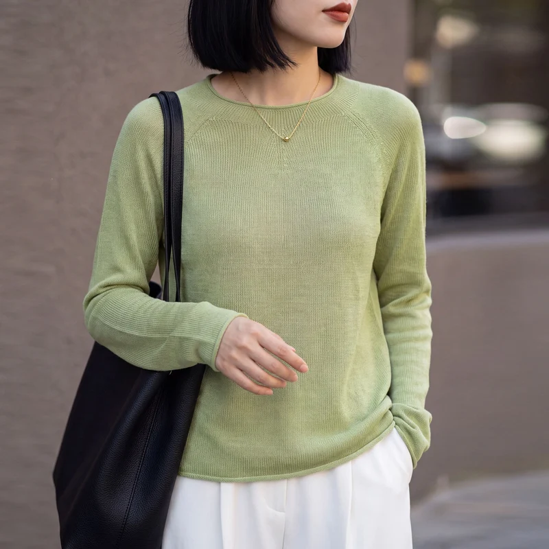 Damen Leichter Rundhalsausschnitt-Pullover in Kaschmir-Optik mit Raglanärmeln Nord Taschen
