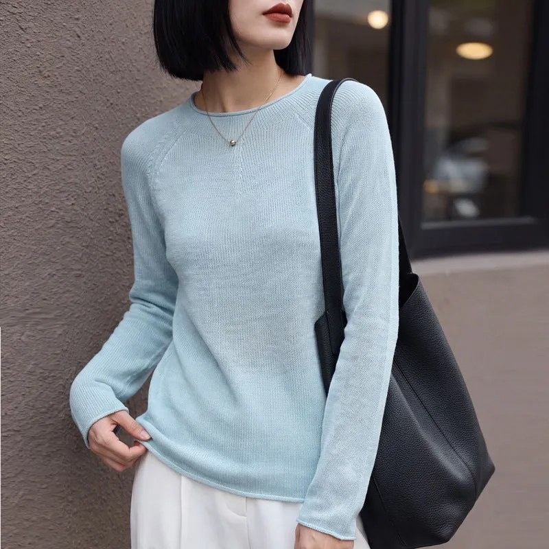Damen Leichter Rundhalsausschnitt-Pullover in Kaschmir-Optik mit Raglanärmeln Nord Taschen