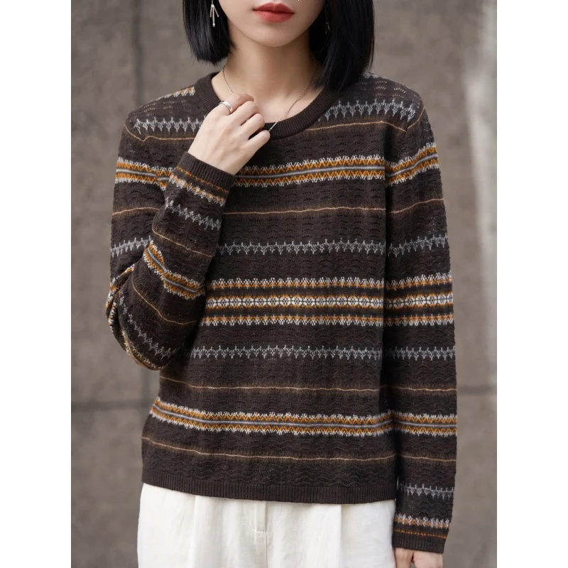 Damen Leichter Rundhals-Pullover im Norwegerstreifen-Design mit strukturierter Ajouroptik Nord Taschen
