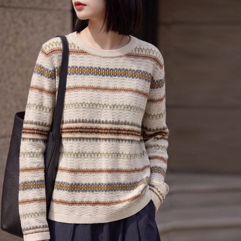 Damen Leichter Rundhals-Pullover im Norwegerstreifen-Design mit strukturierter Ajouroptik Nord Taschen