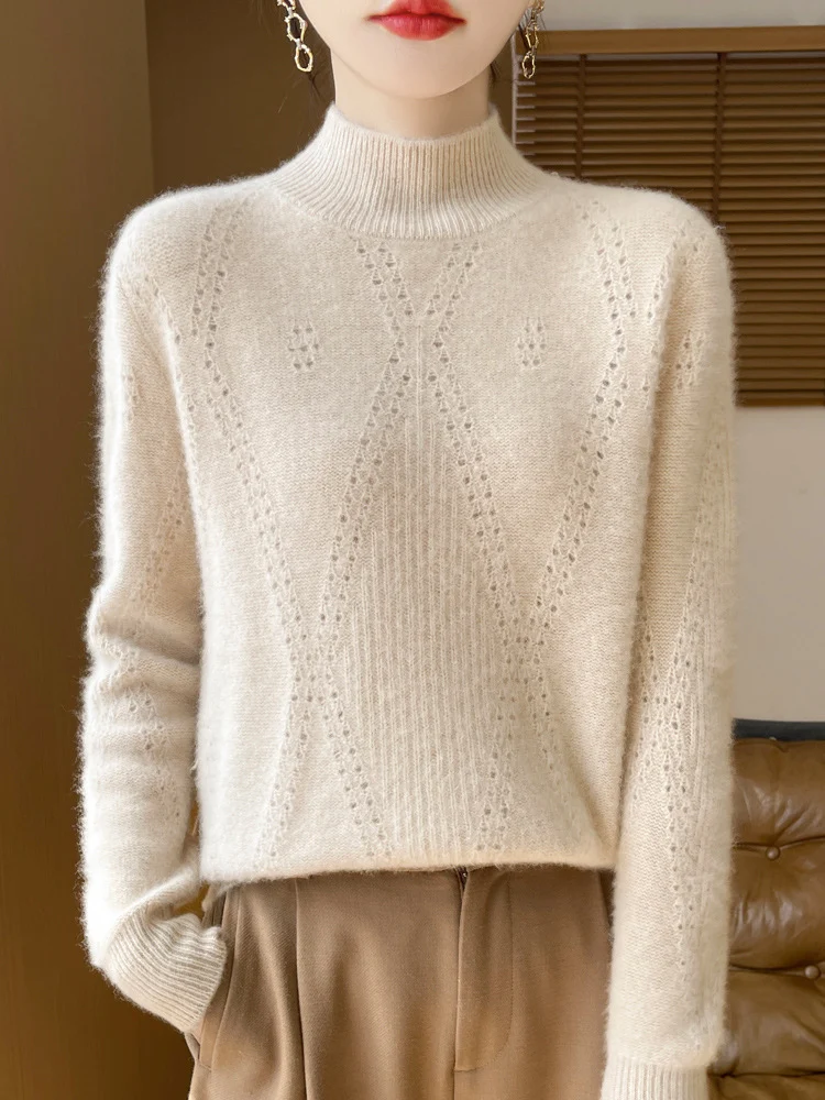Damen Leichter Mockneck-Feinstrickpullover mit Ajour-Chevron und kaschmirweichem Finish Nord Taschen