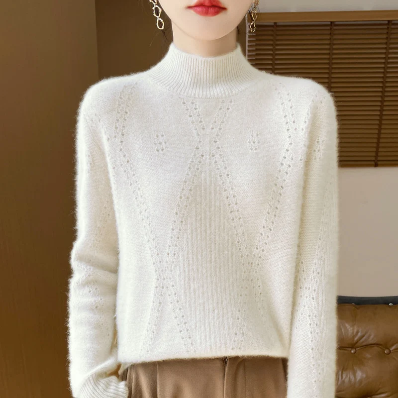 Damen Leichter Mockneck-Feinstrickpullover mit Ajour-Chevron und kaschmirweichem Finish Nord Taschen