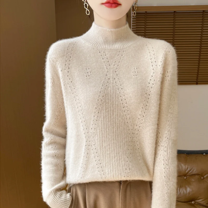 Damen Leichter Mockneck-Feinstrickpullover mit Ajour-Chevron und kaschmirweichem Finish Nord Taschen