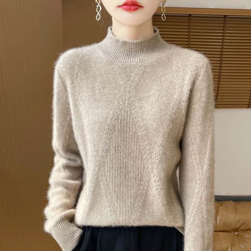 Damen Leichter Mockneck-Feinstrickpullover mit Ajour-Chevron und kaschmirweichem Finish Nord Taschen