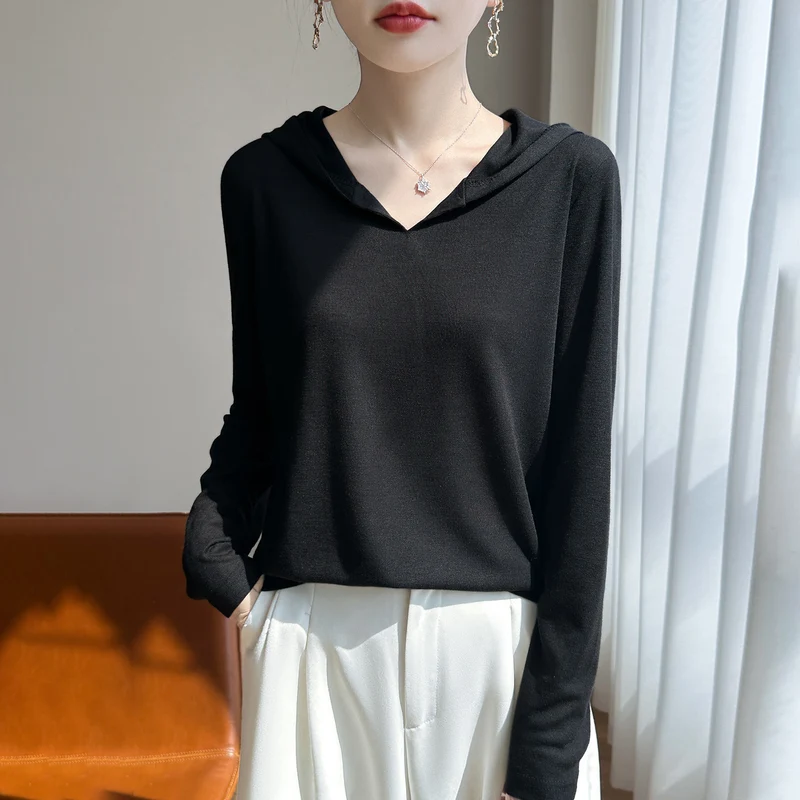 Damen Leichter Kapuzenpullover mit V‑Ausschnitt und feinem Jersey Nord Taschen