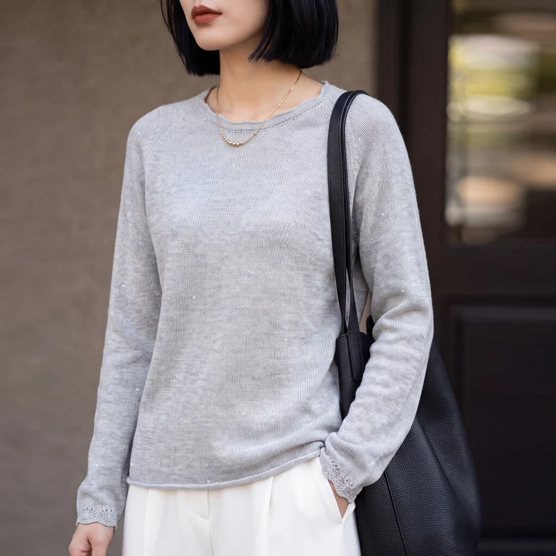 Damen leichter Feinstrickpullover mit dezenter Glitzeroptik und Raglanärmeln Nord Taschen