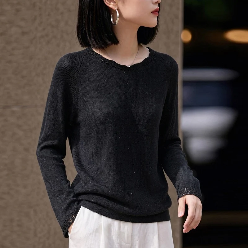 Damen leichter Feinstrickpullover mit dezenter Glitzeroptik und Raglanärmeln Nord Taschen