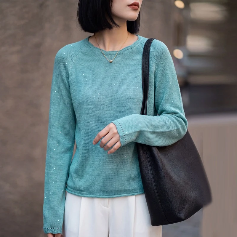 Damen leichter Feinstrickpullover mit dezenter Glitzeroptik und Raglanärmeln Nord Taschen