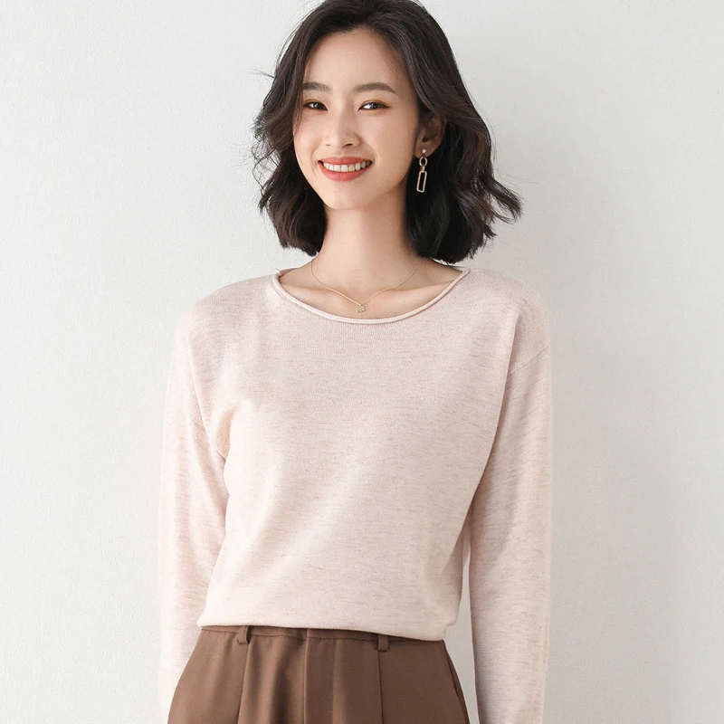 Damen Leichter Feinstrick-Pullover mit weitem Rundhalsausschnitt und legerem Schnitt Nord Taschen