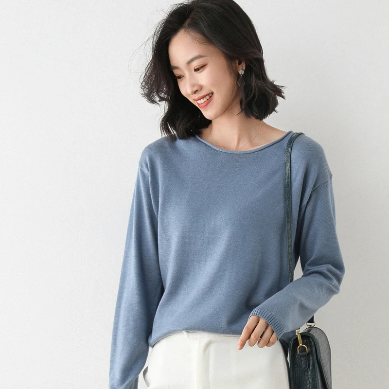 Damen Leichter Feinstrick-Pullover mit weitem Rundhalsausschnitt und legerem Schnitt Nord Taschen