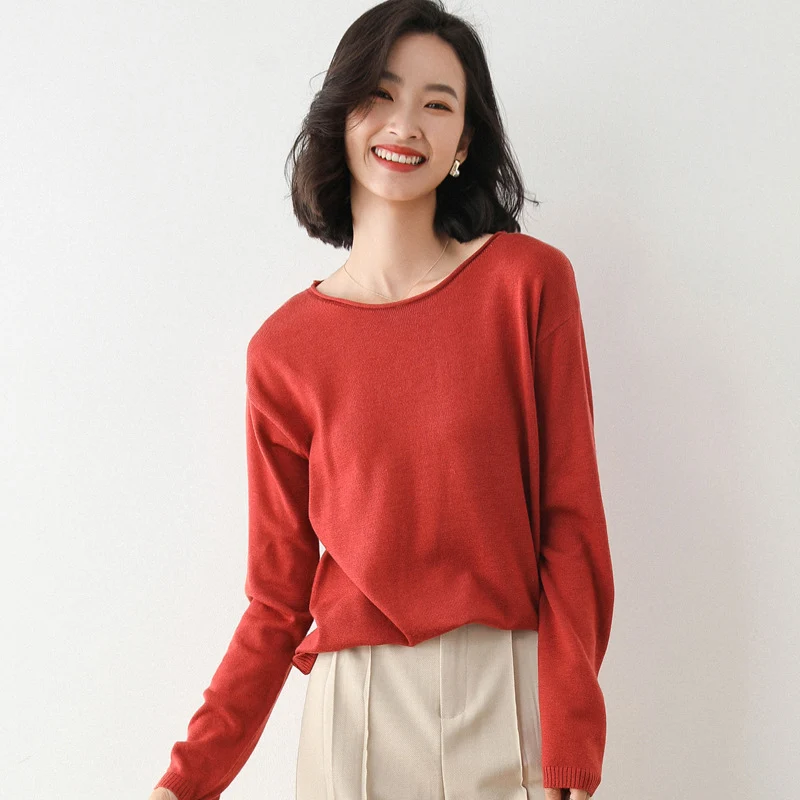 Damen Leichter Feinstrick-Pullover mit weitem Rundhalsausschnitt und legerem Schnitt Nord Taschen