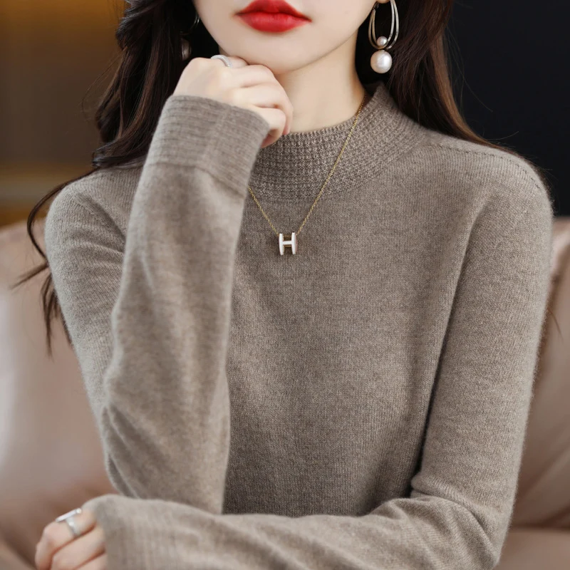 Damen Leichter Feinstrick-Mockneckpullover mit strukturierter Kragenblende Nord Taschen