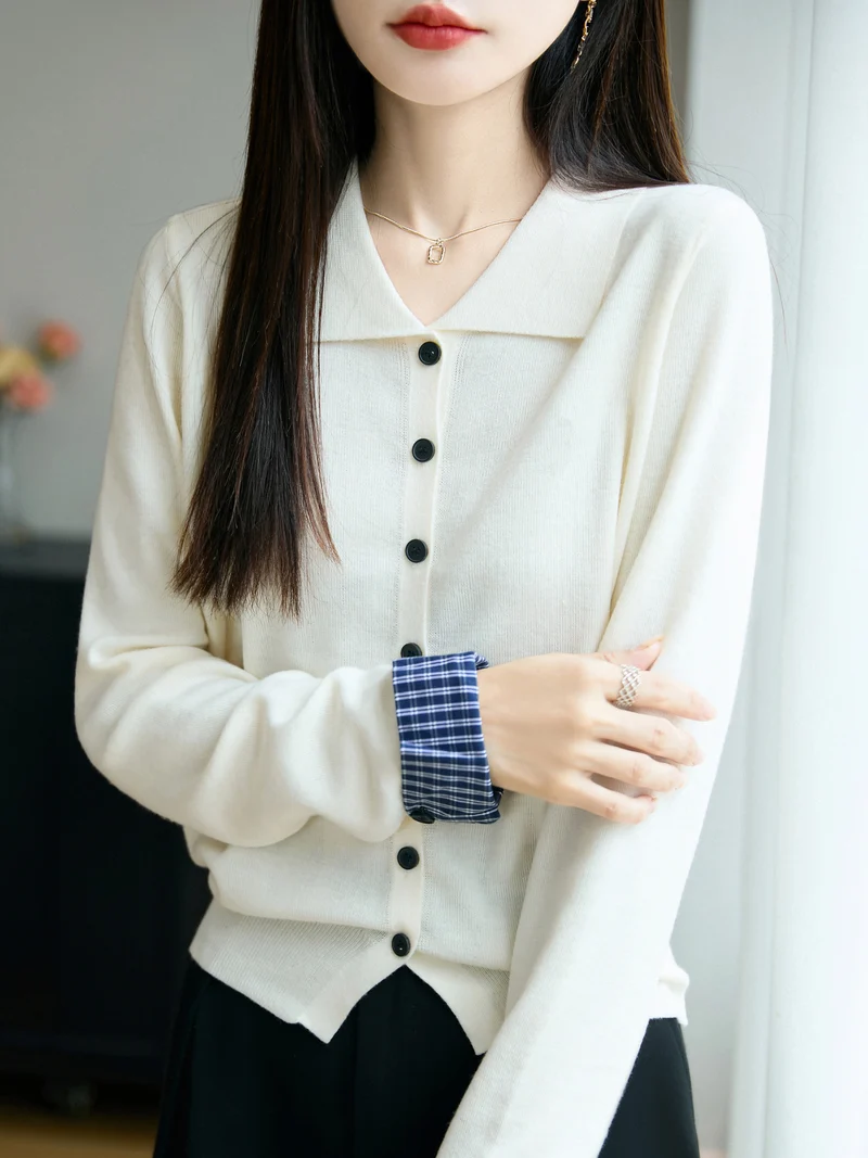 Damen Leichter Feinstrick-Cardigan mit breitem Hemdkragen und Frontknopfleiste Nord Taschen