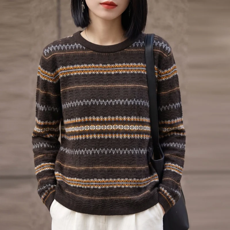 Damen Leichter Fair‑Isle Feinstrickpullover mit Rundhalsausschnitt und feiner Streifenstruktur Nord Taschen