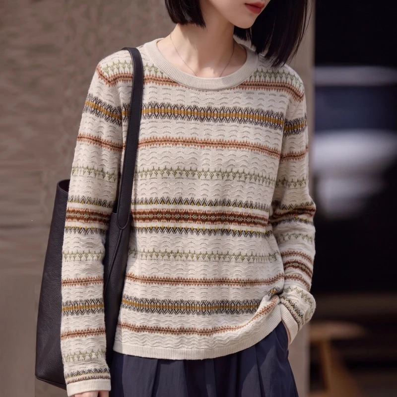 Damen Leichter Fair‑Isle Feinstrickpullover mit Rundhalsausschnitt und feiner Streifenstruktur Nord Taschen
