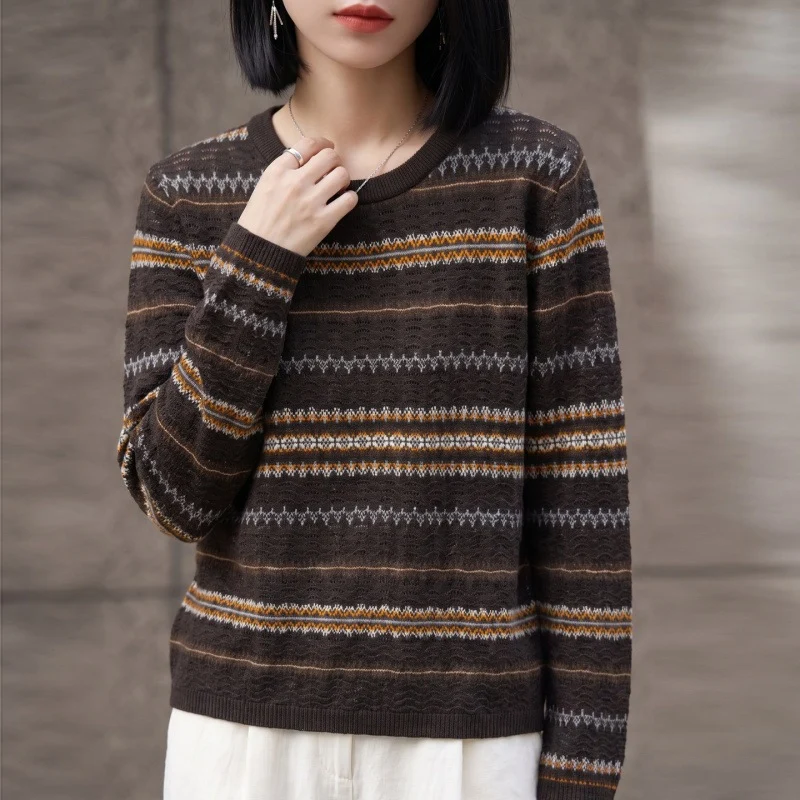 Damen Leichter Fair‑Isle Feinstrickpullover mit Rundhalsausschnitt und feiner Streifenstruktur Nord Taschen