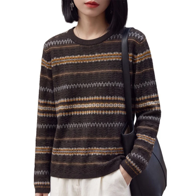 Damen Leichter Fair‑Isle Feinstrickpullover mit Rundhalsausschnitt und feiner Streifenstruktur Nord Taschen