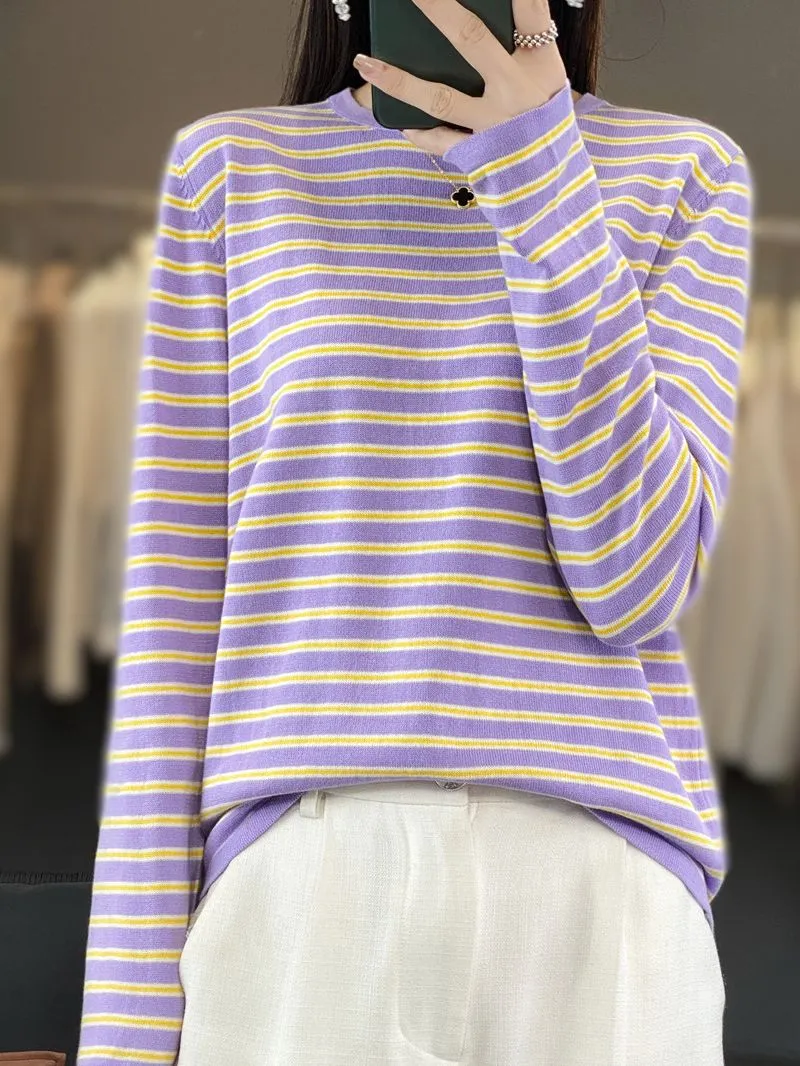 Damen Leichter Baumwollmix-Streifenpullover mit Rundhals, Raglanärmeln und lässiger Silhouette Nord Taschen