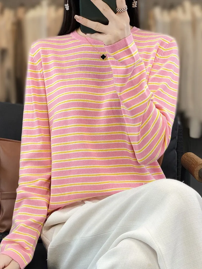 Damen Leichter Baumwollmix-Streifenpullover mit Rundhals, Raglanärmeln und lässiger Silhouette Nord Taschen
