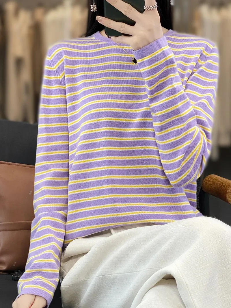 Damen Leichter Baumwollmix-Streifenpullover mit Rundhals, Raglanärmeln und lässiger Silhouette Nord Taschen