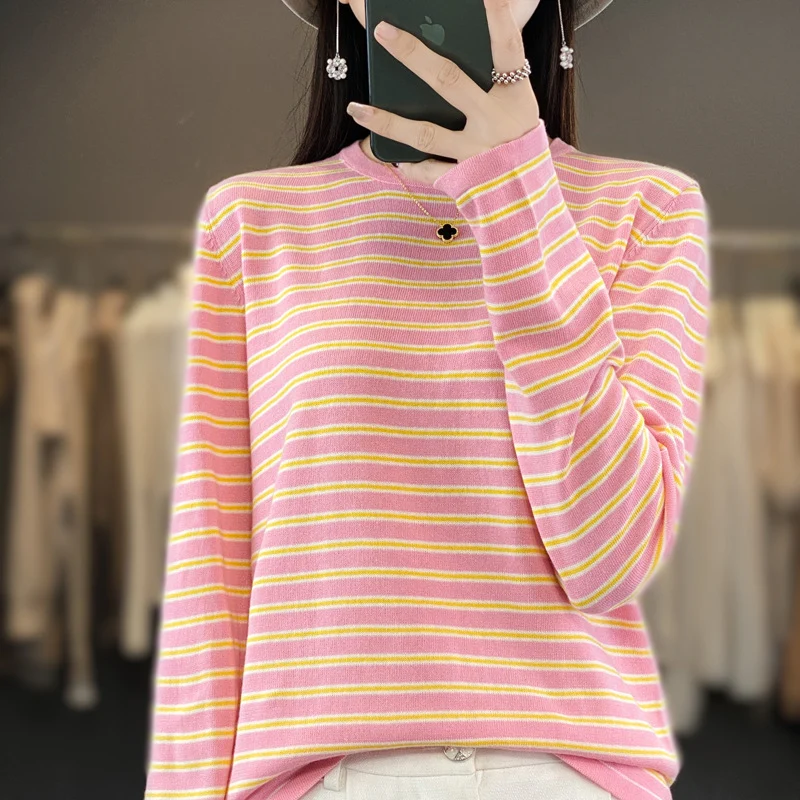 Damen Leichter Baumwollmix-Streifenpullover mit Rundhals, Raglanärmeln und lässiger Silhouette Nord Taschen