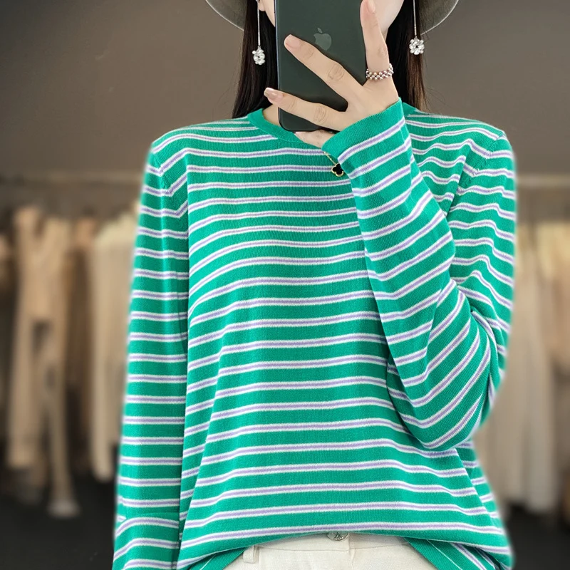 Damen Leichter Baumwollmix-Streifenpullover mit Rundhals, Raglanärmeln und lässiger Silhouette Nord Taschen