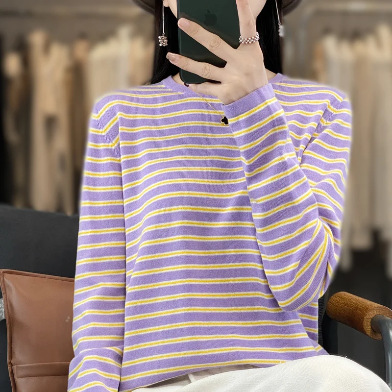Damen Leichter Baumwollmix-Streifenpullover mit Rundhals, Raglanärmeln und lässiger Silhouette Nord Taschen