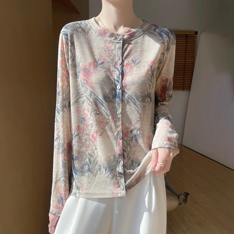 Damen Leichter Aquarell‑Print Feinstrick‑Cardigan mit Rundhalsausschnitt und Knopfleiste Nord Taschen