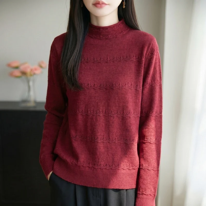 Damen Leichter Ajourstrick-Pullover mit kurzem Stehkragen und feinem Rippsaum Nord Taschen