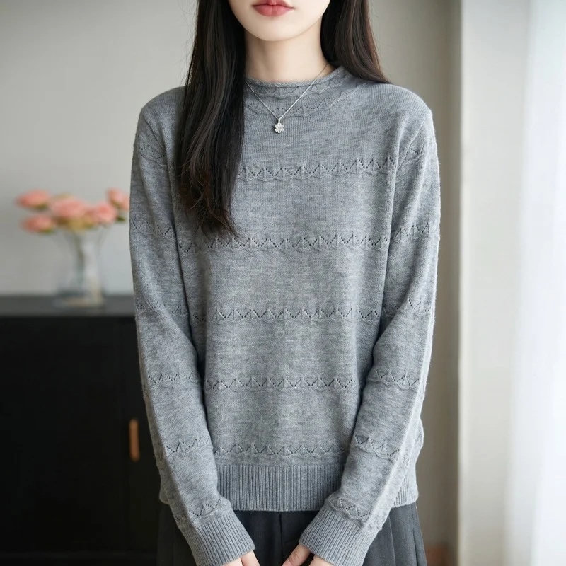 Damen Leichter Ajourstrick-Pullover mit kurzem Stehkragen und feinem Rippsaum Nord Taschen