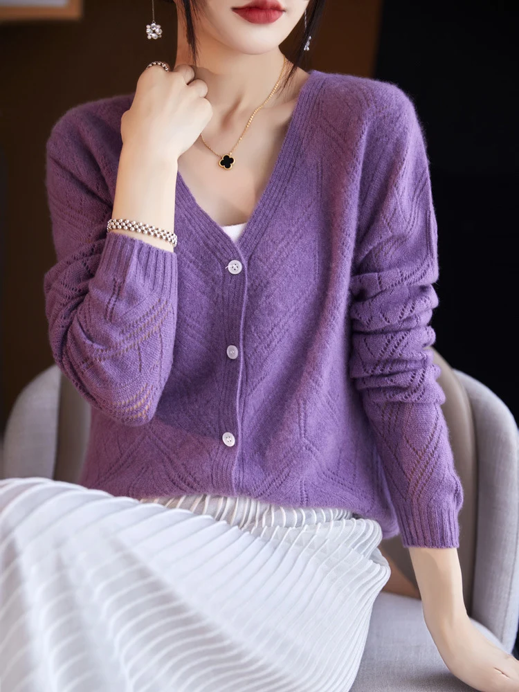 Damen Leichter Ajourcardigan mit geometrischer Lochstruktur und kastiger Kurzform Nord Taschen