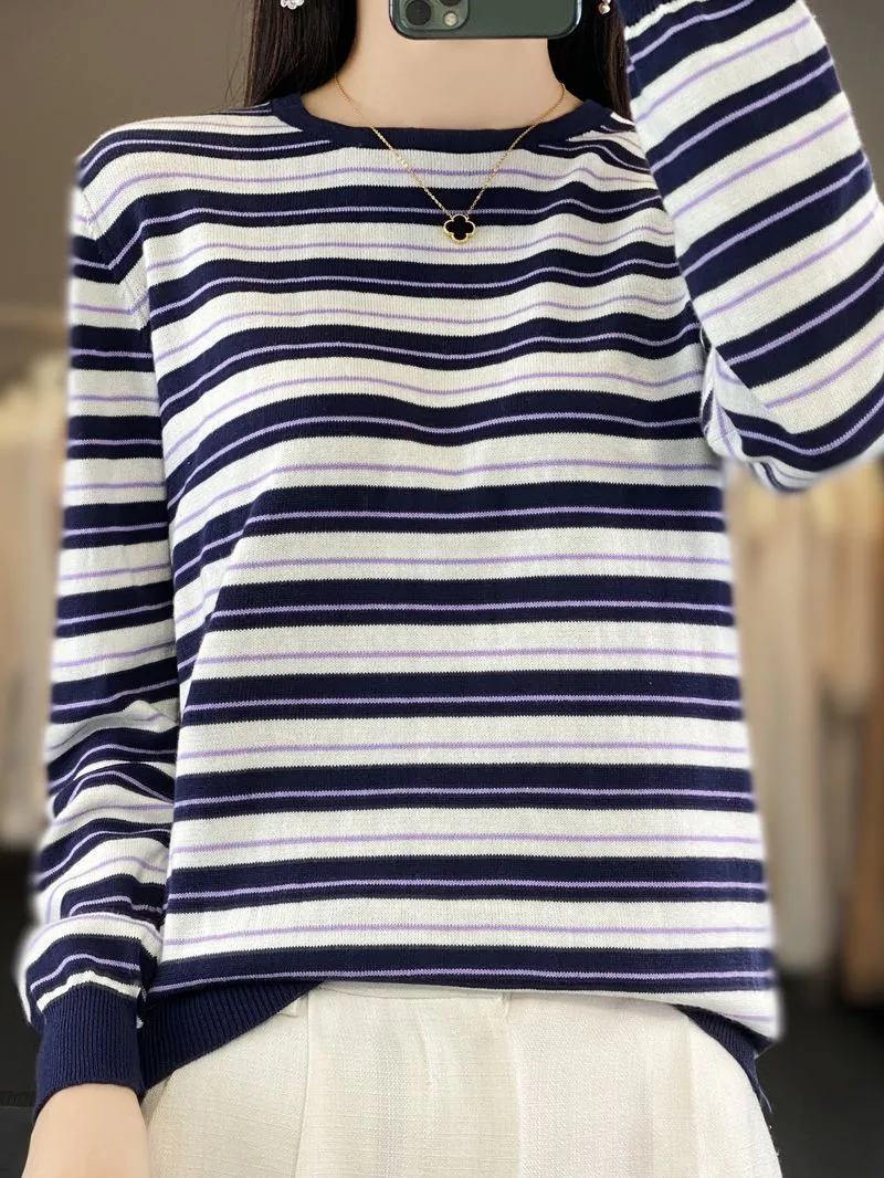 Damen Lässiger Ringel-Feinstrickpullover mit Boxy‑Silhouette und kontrastierenden Rippbündchen Nord Taschen