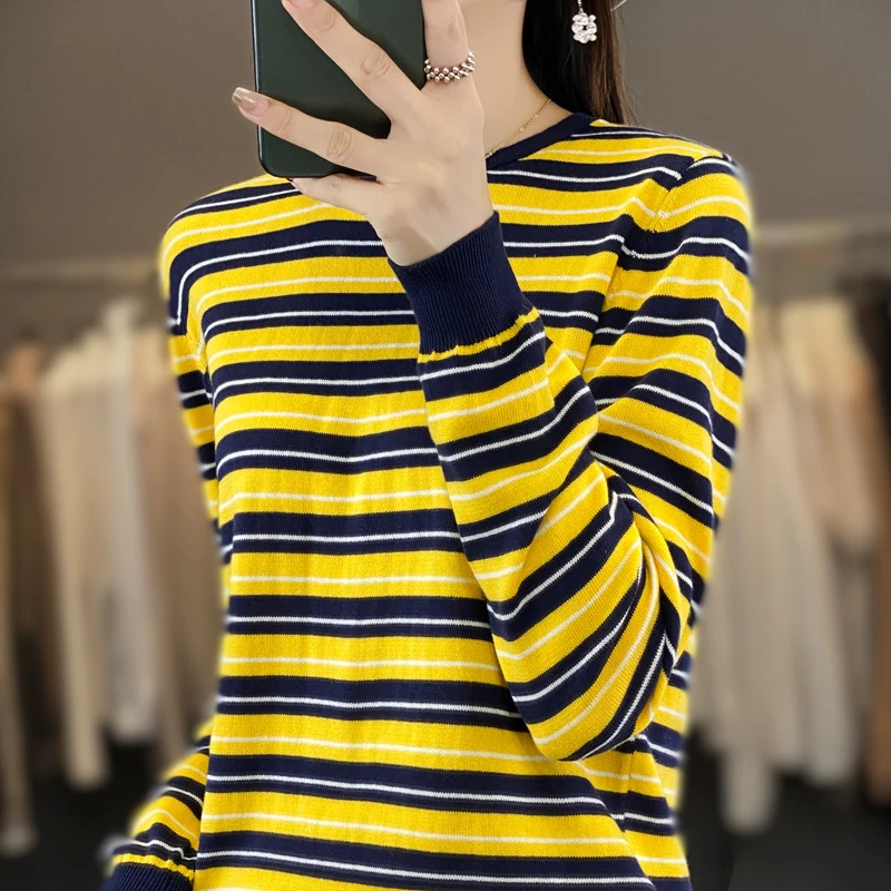 Damen Lässiger Ringel-Feinstrickpullover mit Boxy‑Silhouette und kontrastierenden Rippbündchen Nord Taschen