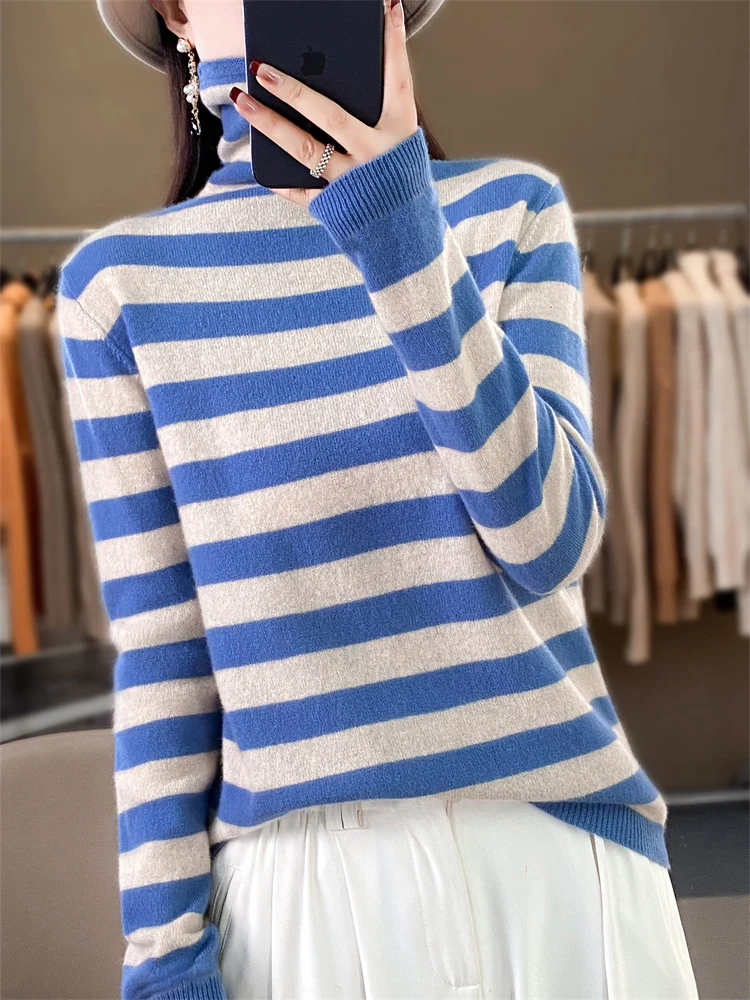 Damen Lässiger gestreifter Rollkragenpullover aus Wollmix mit legerer Passform Nord Taschen