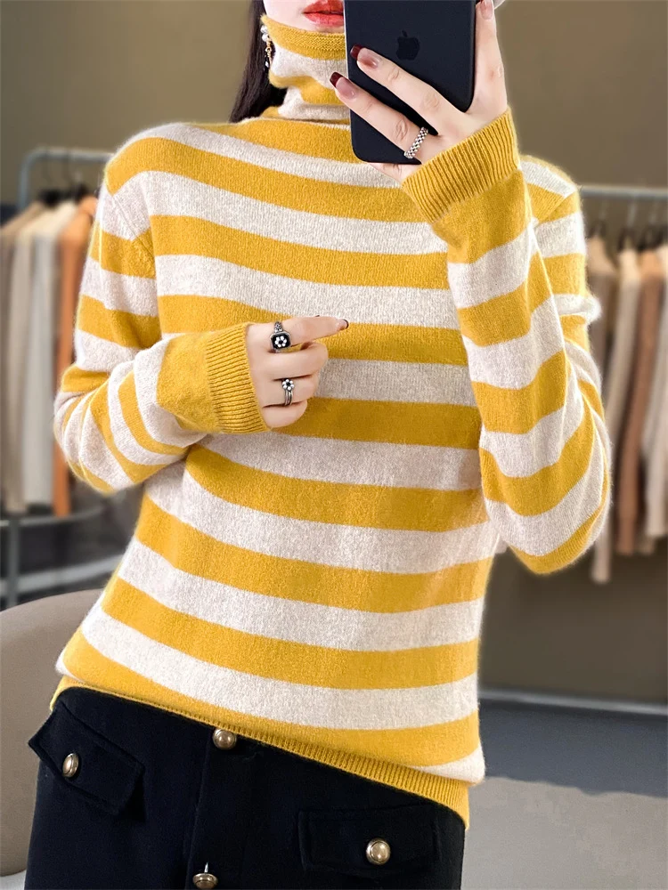 Damen Lässiger gestreifter Rollkragenpullover aus Wollmix mit legerer Passform Nord Taschen