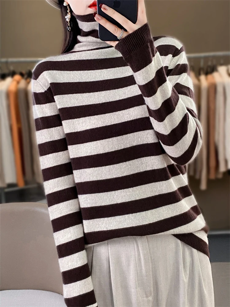 Damen Lässiger gestreifter Rollkragenpullover aus Wollmix mit legerer Passform Nord Taschen