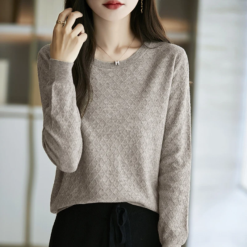 Damen Lässiger Feinstrickpullover mit dezentem Rautenmuster und gerippten Bündchen Nord Taschen