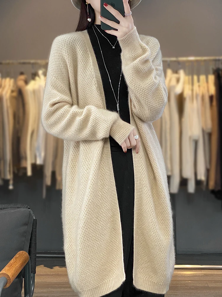 Damen Langer Offener Strickcardigan mit Samenmuster und gerippten Abschlüssen Nord Taschen