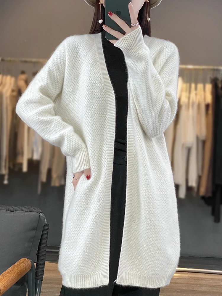 Damen Langer Offener Strickcardigan mit Samenmuster und gerippten Abschlüssen Nord Taschen