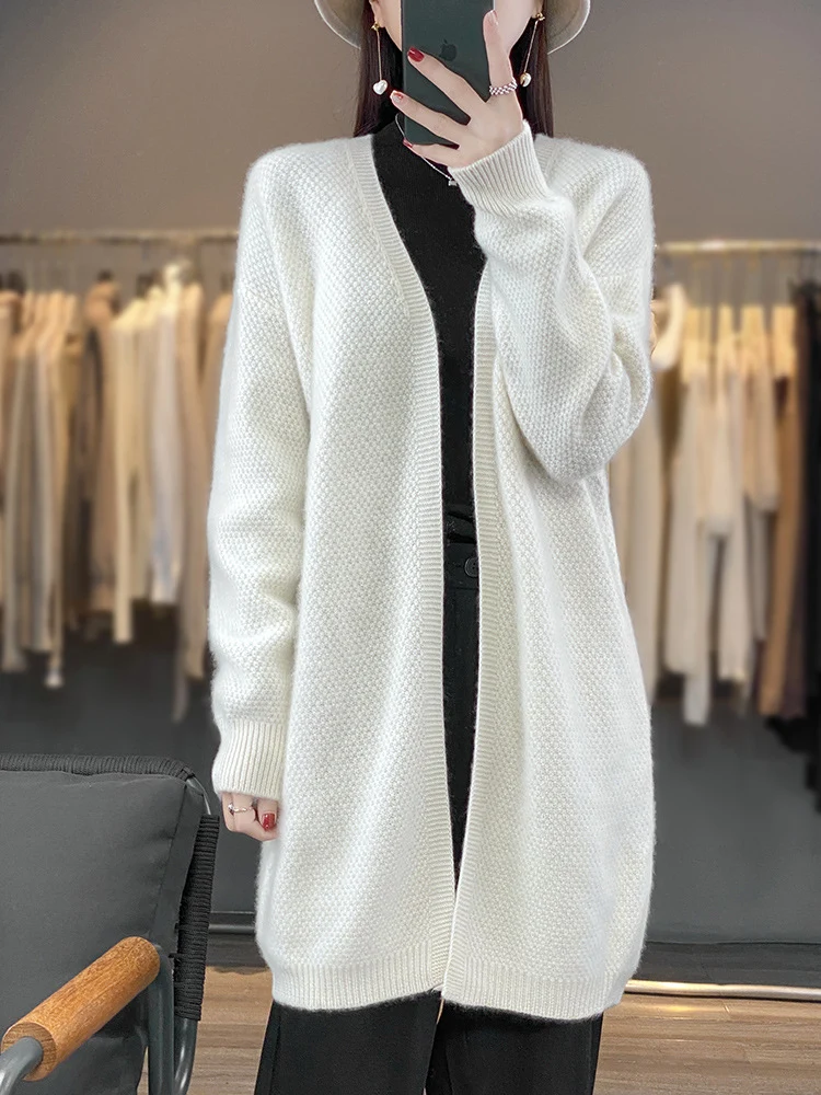 Damen Langer Offener Strickcardigan mit Samenmuster und gerippten Abschlüssen Nord Taschen