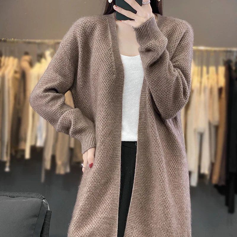 Damen Langer Offener Strickcardigan mit Samenmuster und gerippten Abschlüssen Nord Taschen