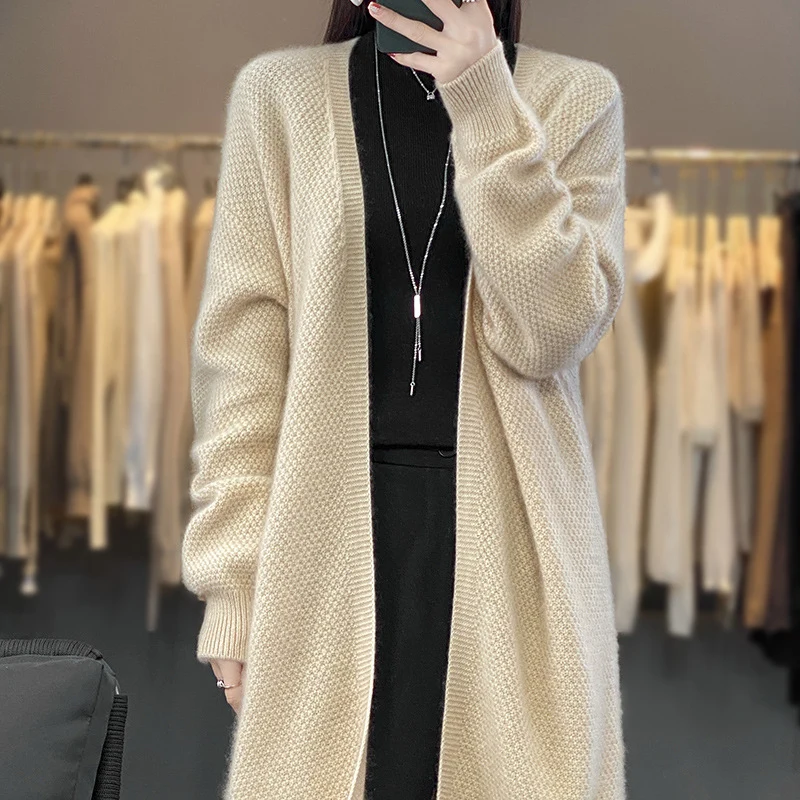 Damen Langer Offener Strickcardigan mit Samenmuster und gerippten Abschlüssen Nord Taschen