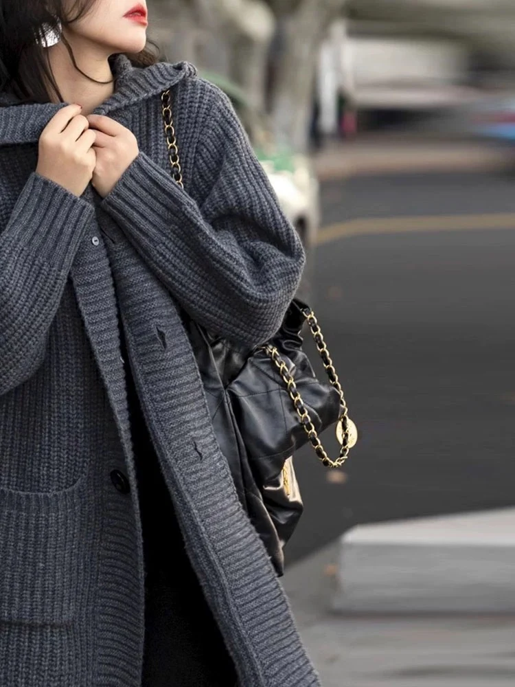 Damen Langer Kapuzen-Cardigan aus grobem Rippstrick mit Eingrifftaschen Nord Taschen
