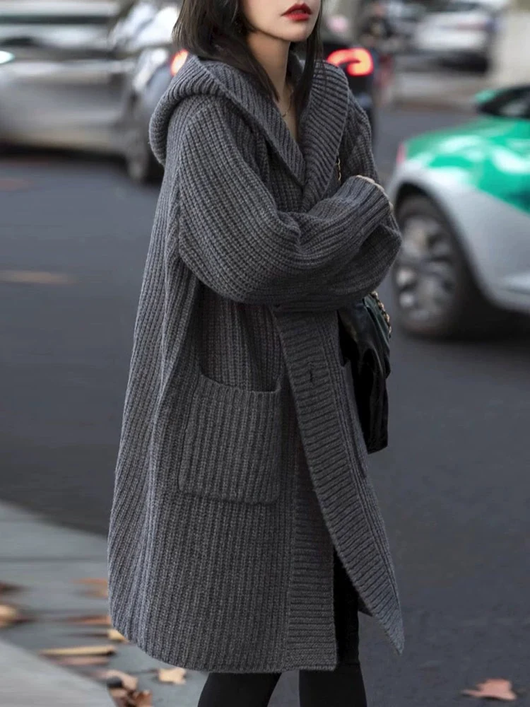 Damen Langer Kapuzen-Cardigan aus grobem Rippstrick mit Eingrifftaschen Nord Taschen